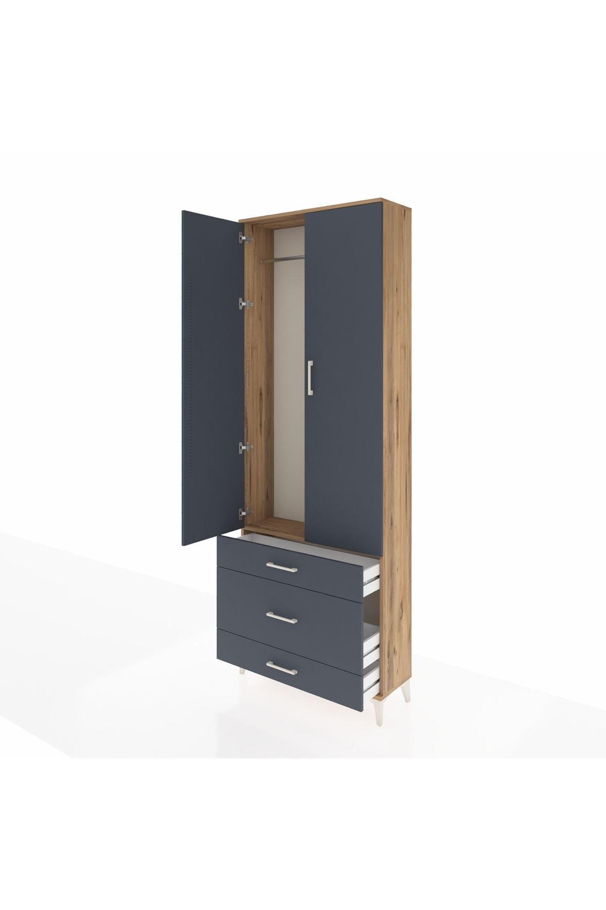 Arges Dolap Tek Raflı 3 Çekmeceli Tek Askılı 88x30x243 Çam-Antrasit