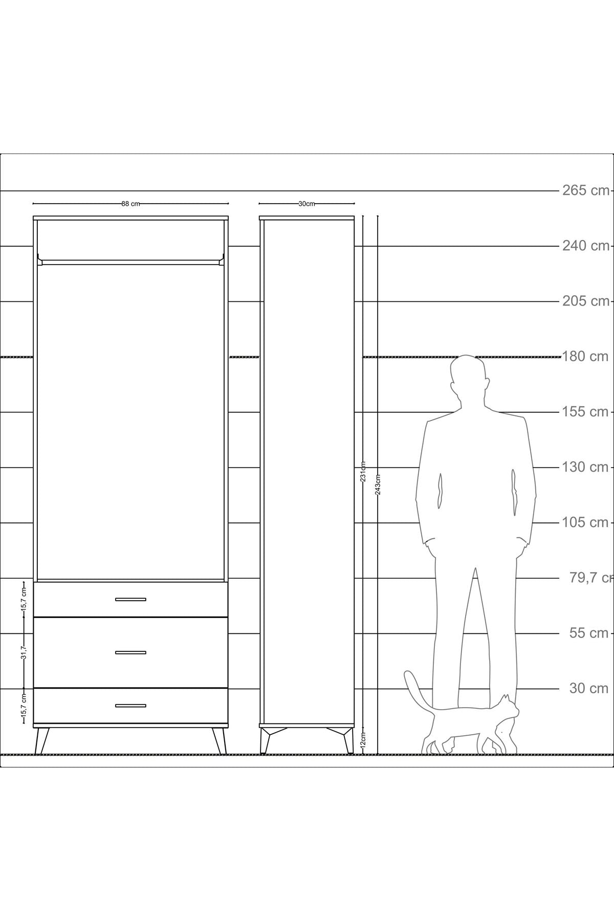 Arges Dolap Tek Raflı 3 Çekmeceli Tek Askılı 88x30x243 Aytaşı-Çam