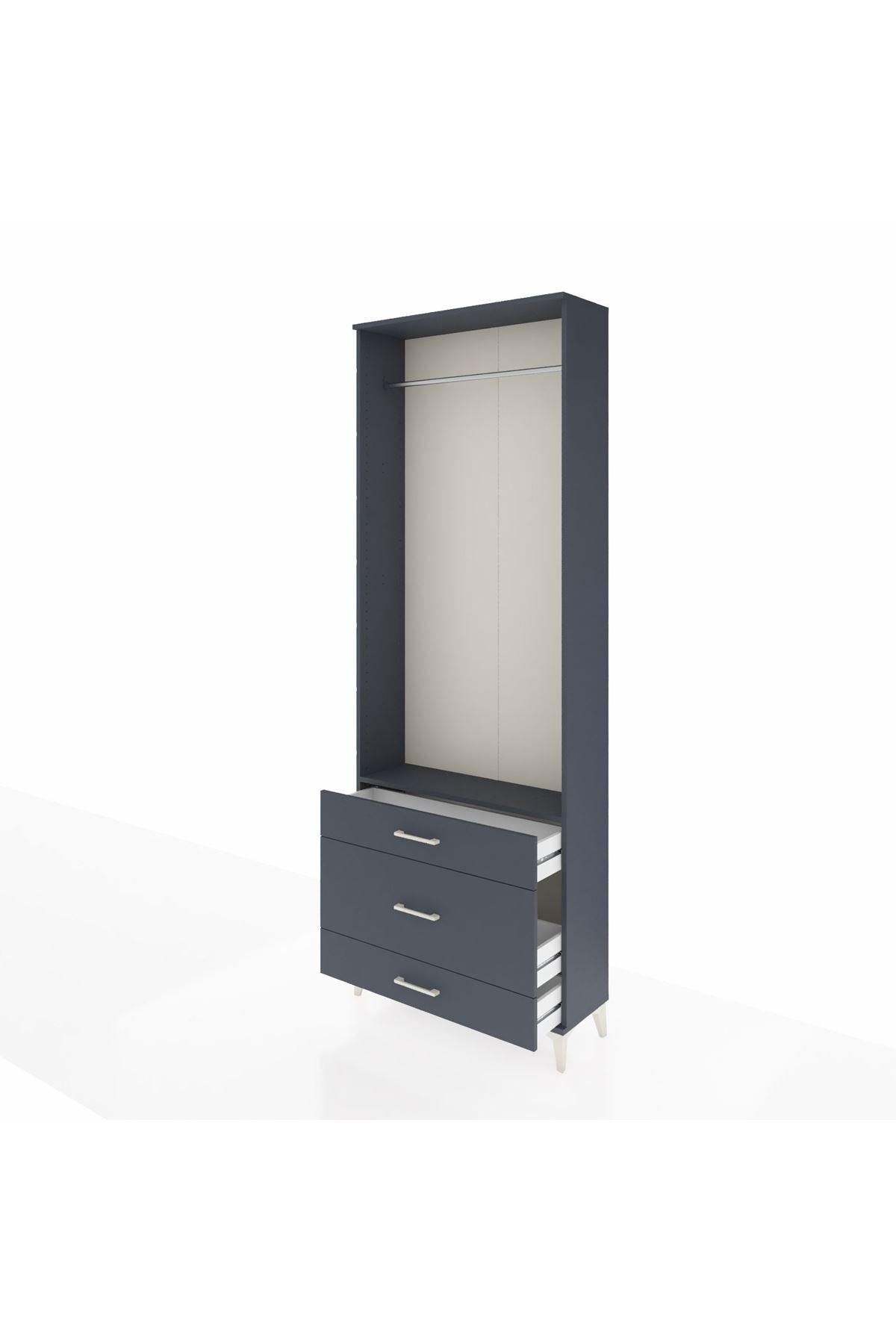 Arges Dolap Tek Raflı 3 Çekmeceli Tek Askılı 88x30x243 Antrasit-Antrasit