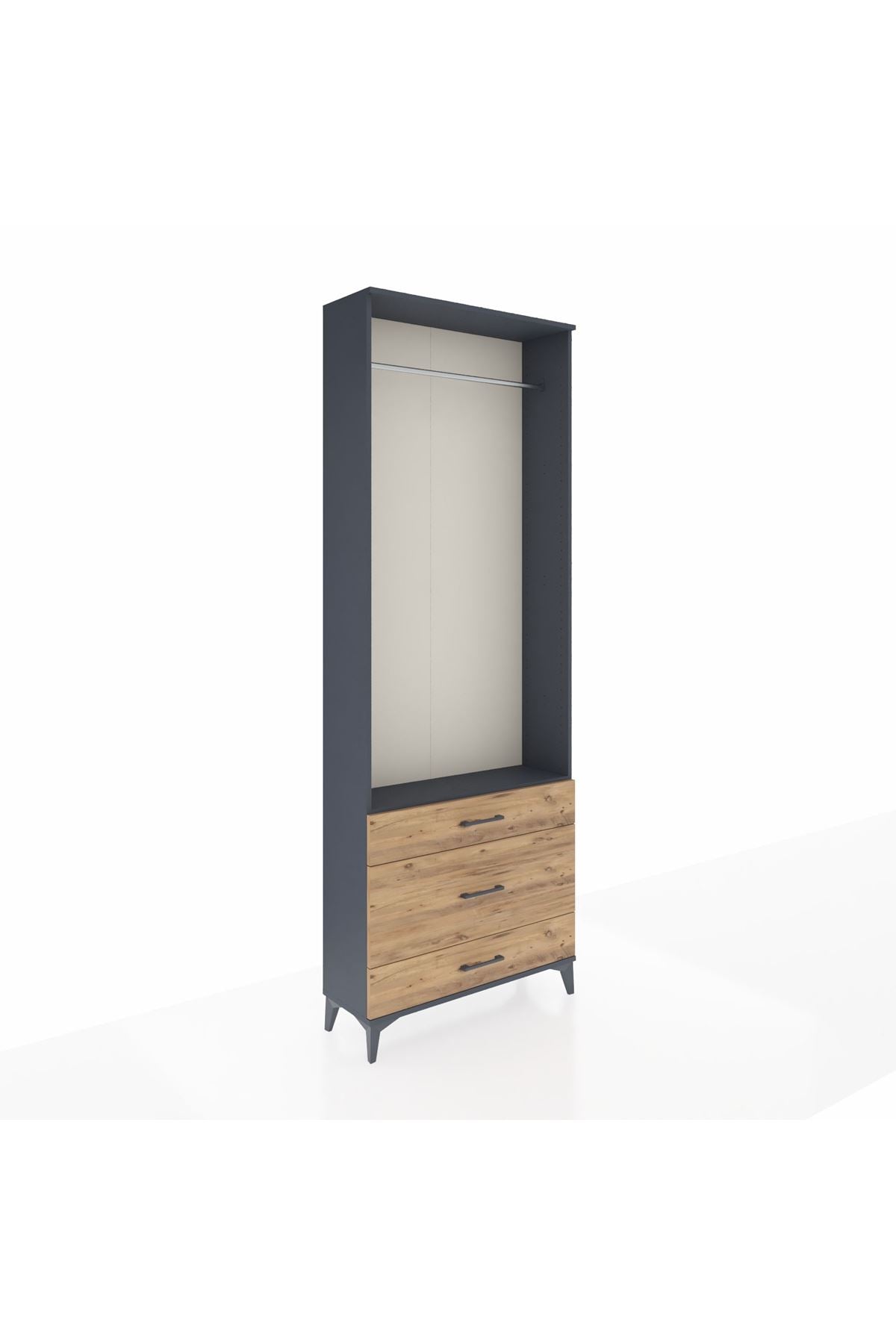 Arges Dolap Tek Raflı 3 Çekmeceli Tek Askılı 88x30x243 Antrasit-Çam