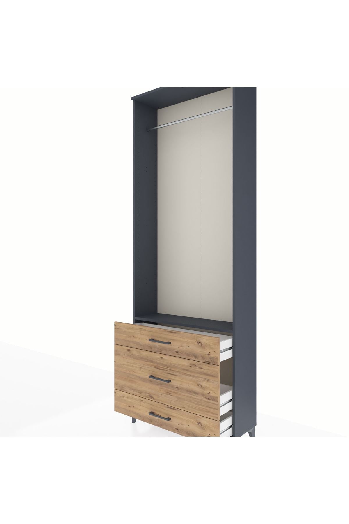 Arges Dolap Tek Raflı 3 Çekmeceli Tek Askılı 88x30x243 Antrasit-Çam