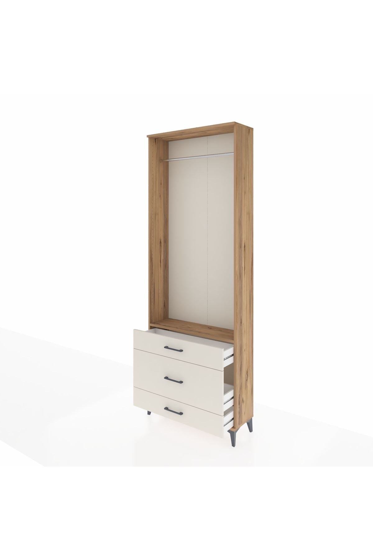 Arges Dolap Tek Raflı 3 Çekmeceli Tek Askılı 88x30x243 Çam-Aytaşı