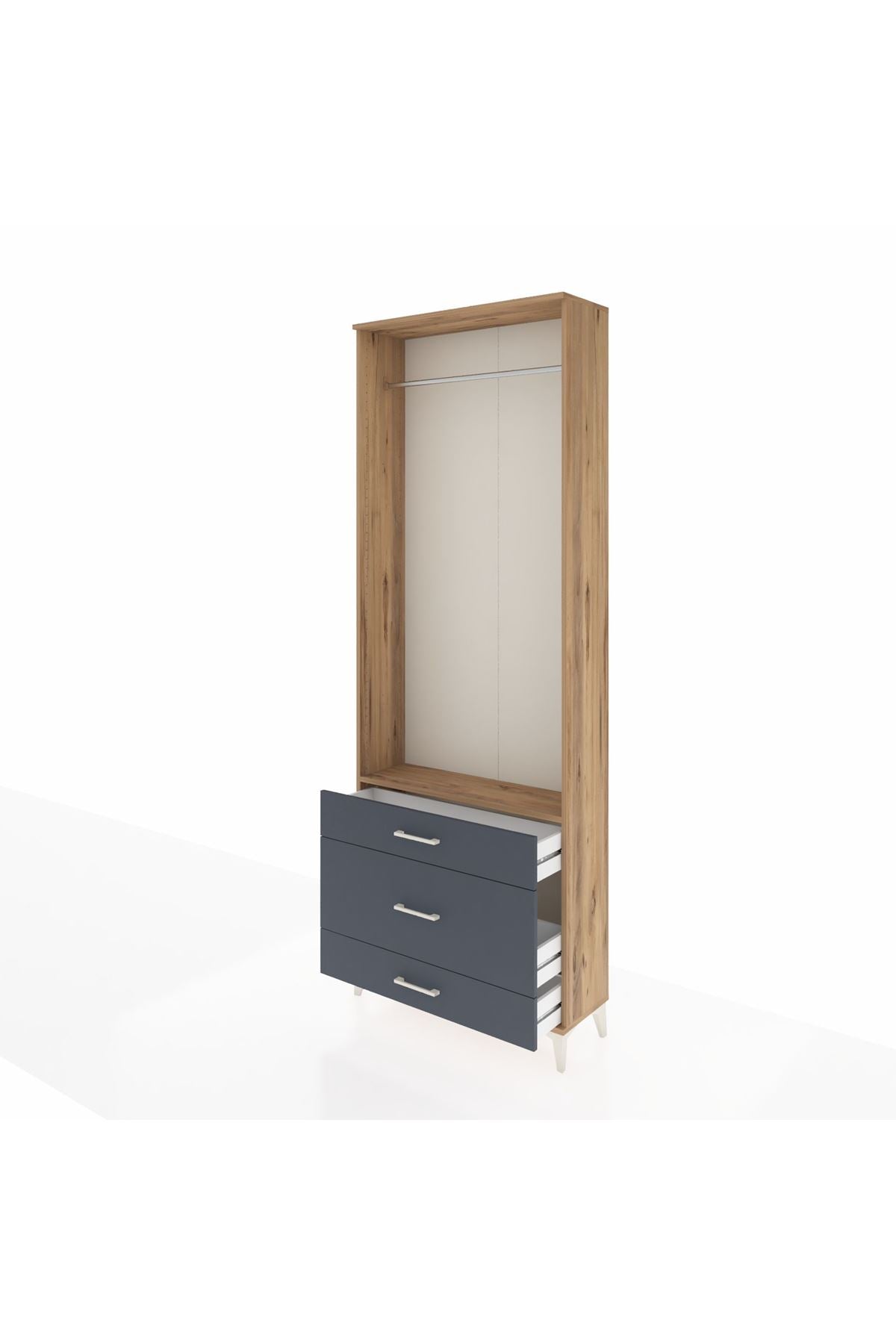 Arges Dolap Tek Raflı 3 Çekmeceli Tek Askılı 88x30x243 Çam-Antrasit