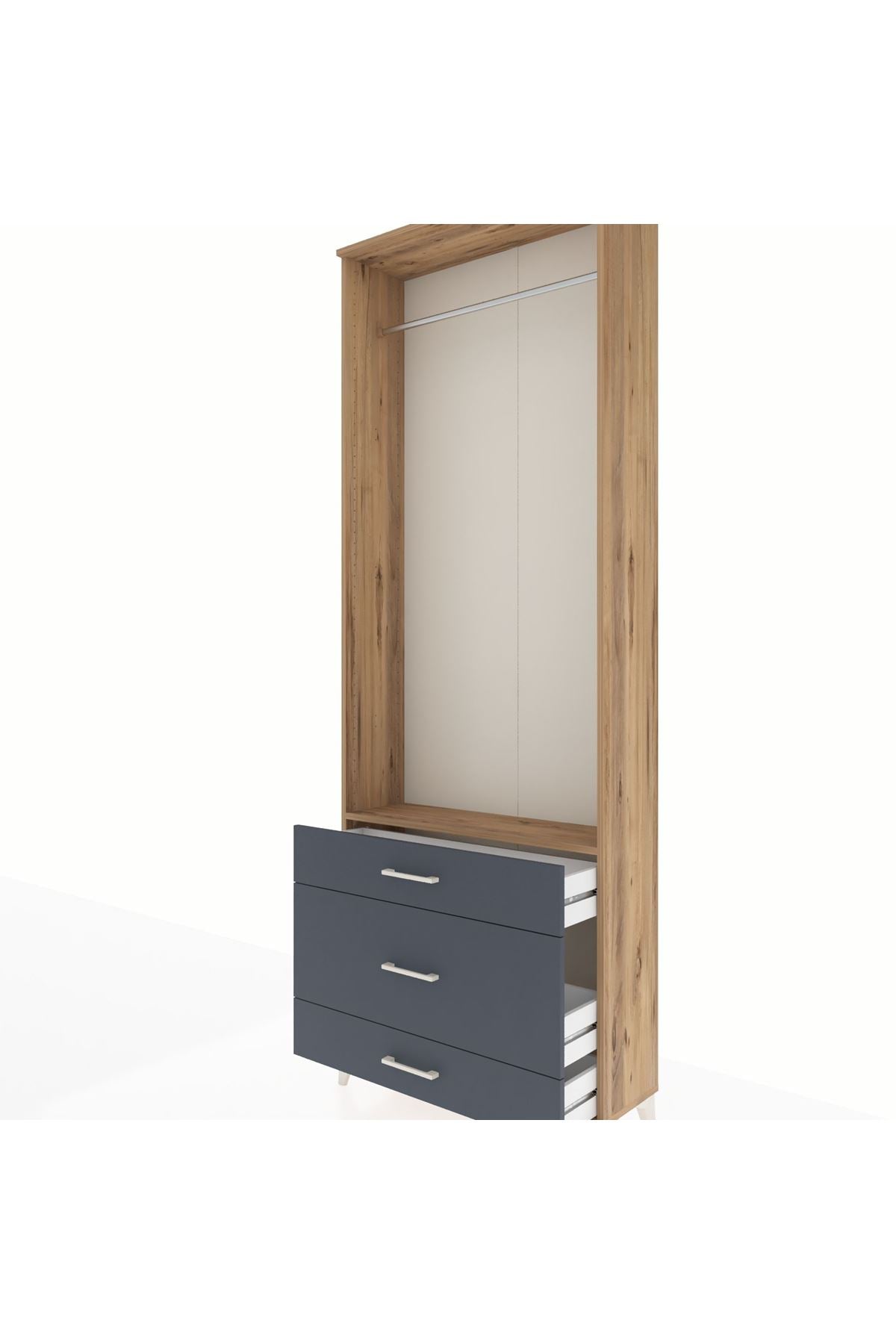 Arges Dolap Tek Raflı 3 Çekmeceli Tek Askılı 88x30x243 Çam-Antrasit