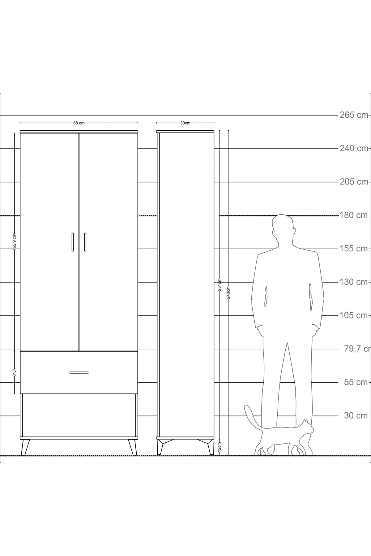Arges Dolap Tek Raflı Tek Çekmeceli Tek Askılı 88x30x243 Antrasit-Çam