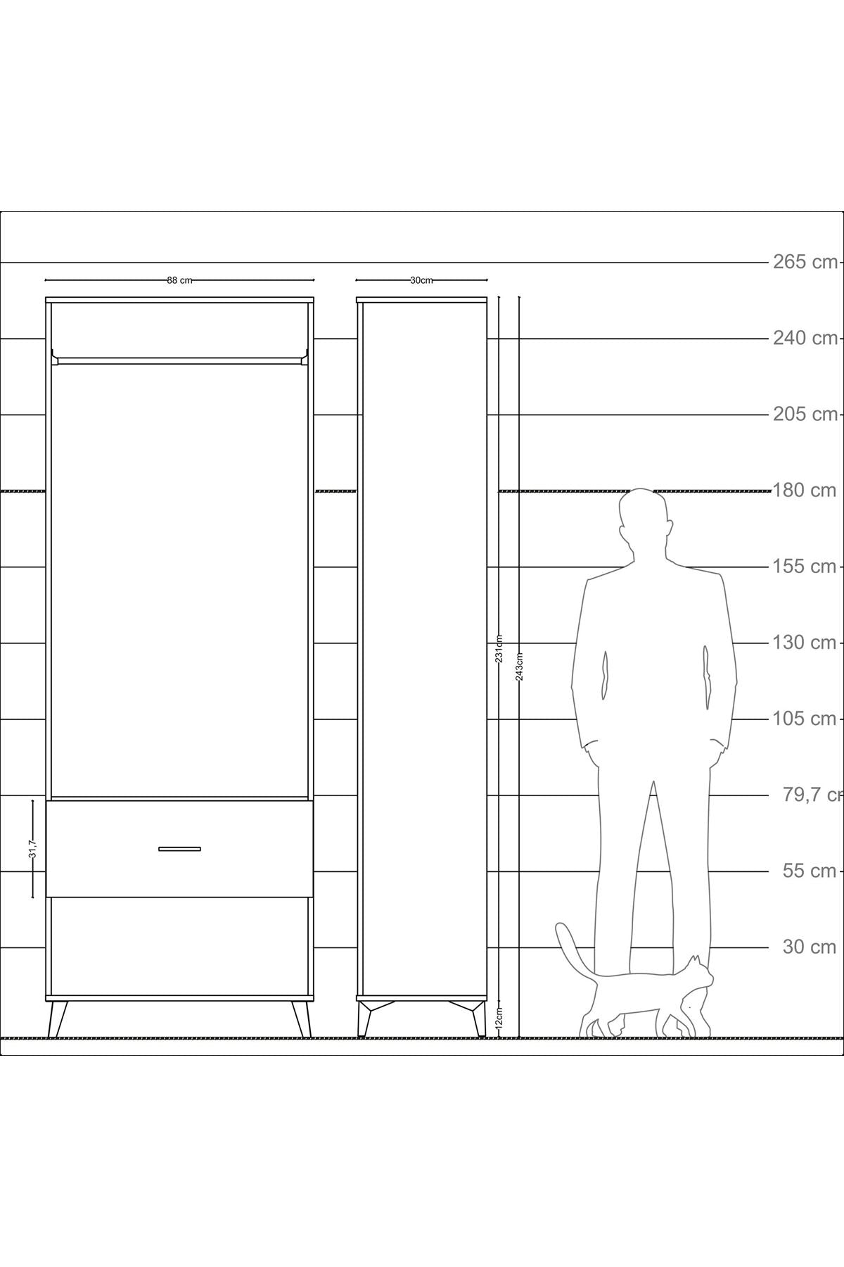 Arges Dolap Tek Raflı Tek Çekmeceli Tek Askılı 88x30x243 Çam-Antrasit