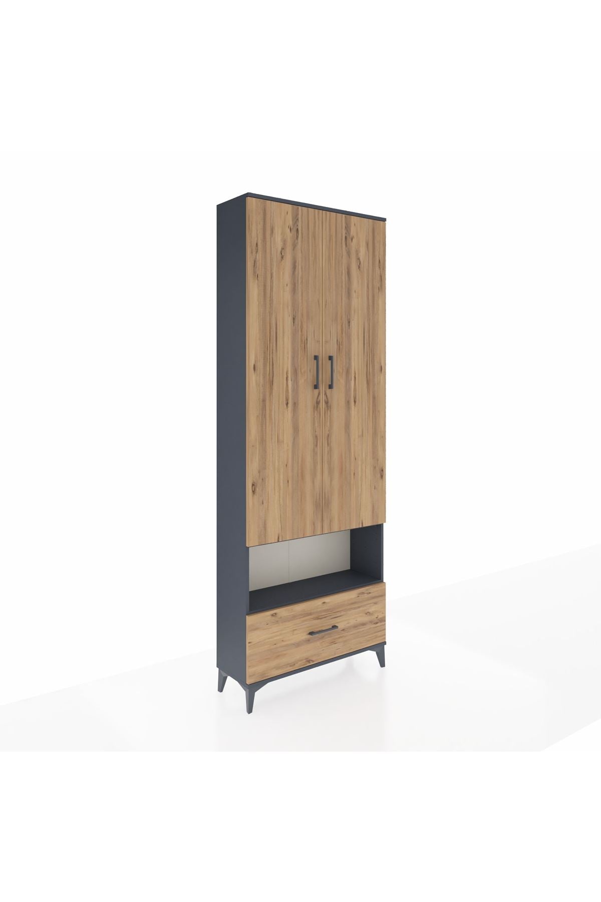 Arges Dolap 2 Raflı Tek Çekmeceli Tek Askılı 88x30x243 Antrasit-Çam