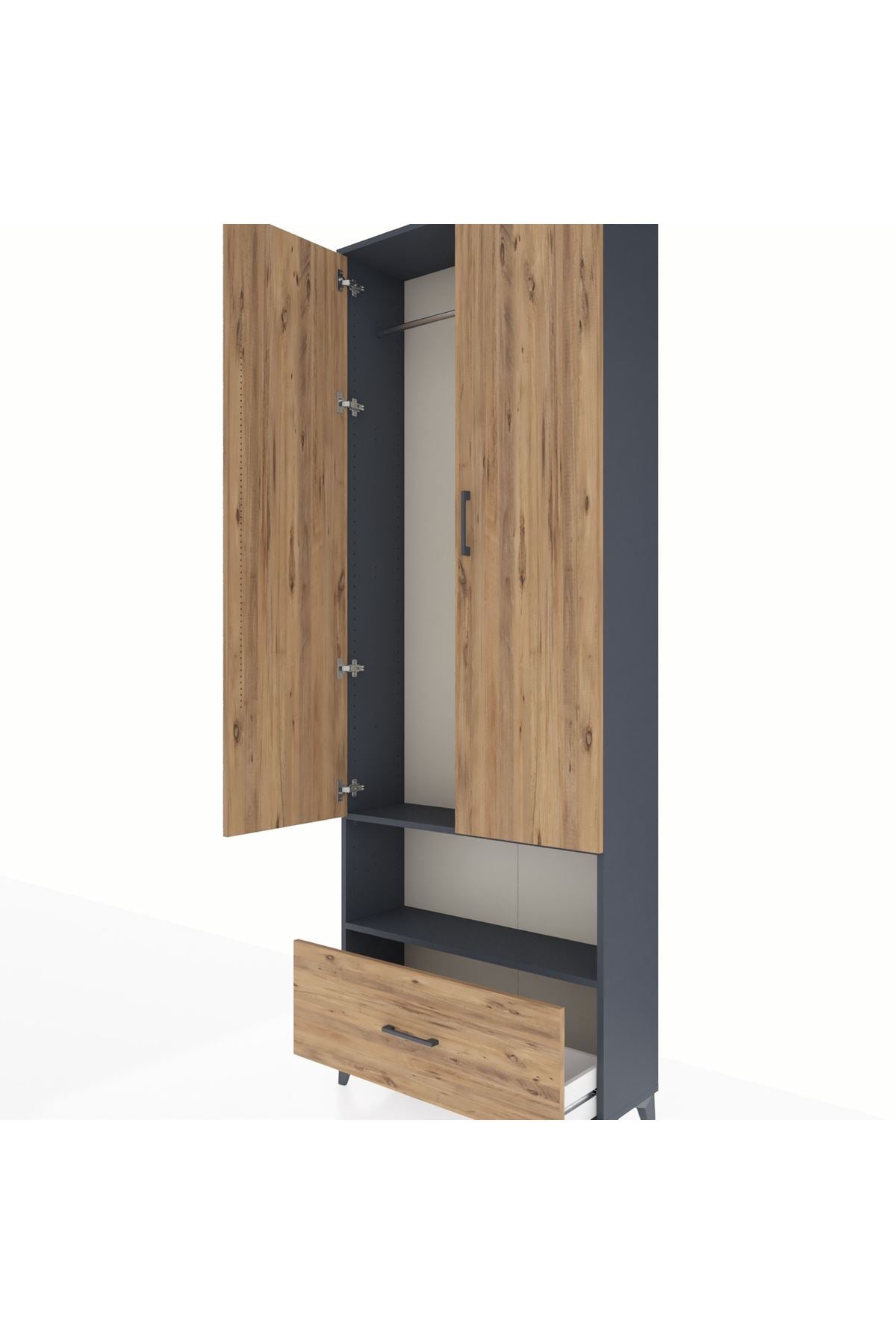 Arges Dolap 2 Raflı Tek Çekmeceli Tek Askılı 88x30x243 Antrasit-Çam