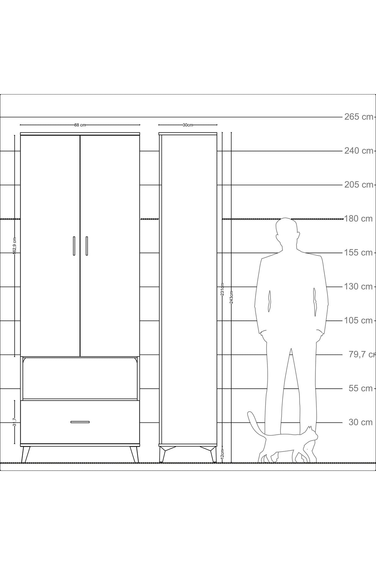 Arges Dolap 2 Raflı Tek Çekmeceli Tek Askılı 88x30x243 Çam-Antrasit