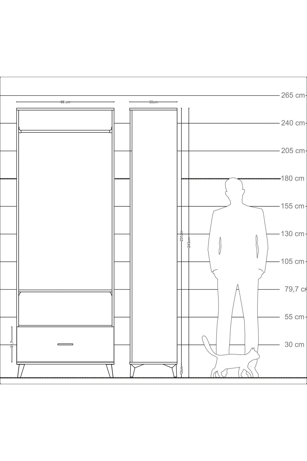 Arges Dolap 2 Raflı Tek Çekmeceli Tek Askılı 88x30x243 Antrasit-Antrasit