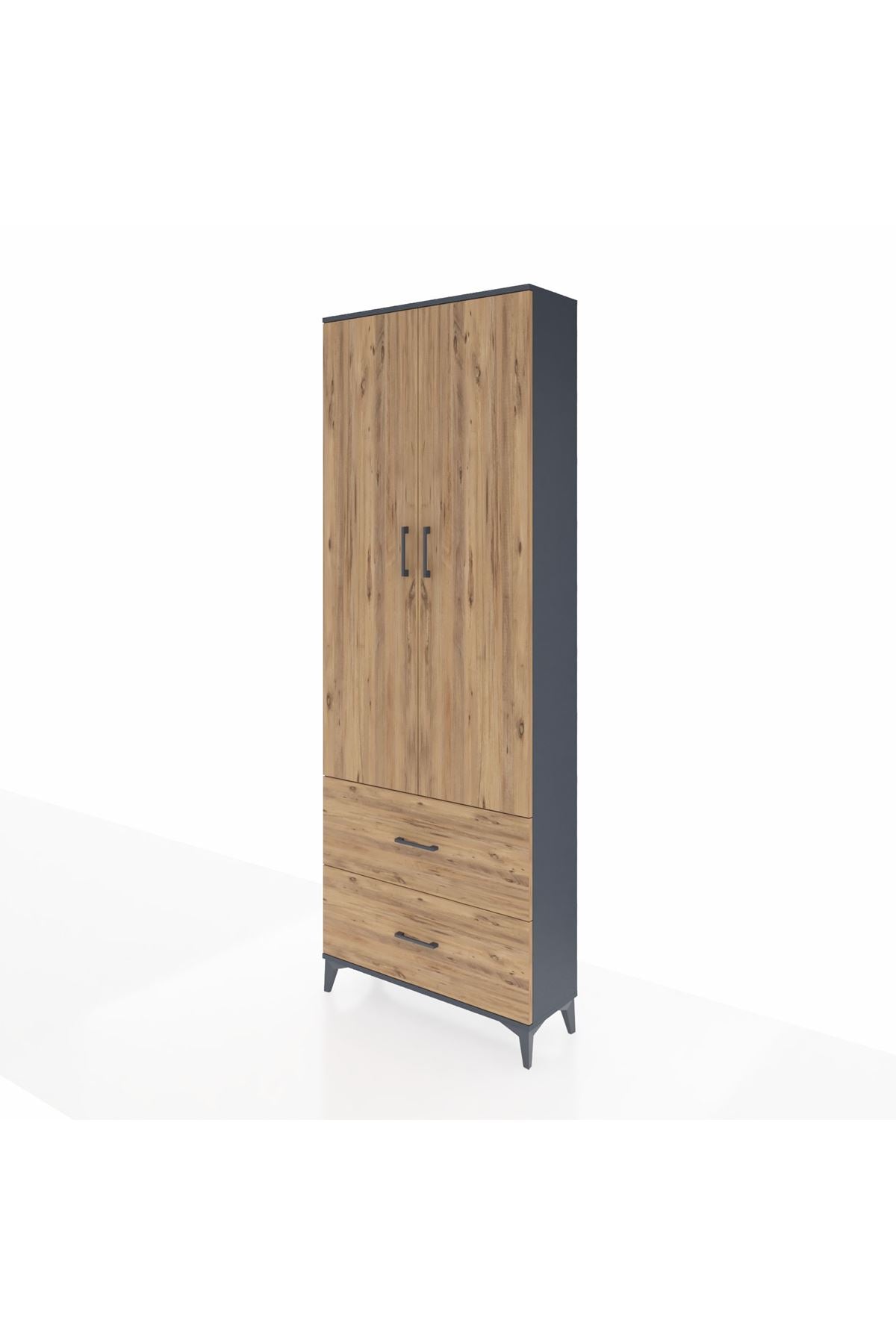 Arges Dolap Tek Raflı 2 Çekmeceli Tek Askılı 88x30x243 Antrasit-Çam