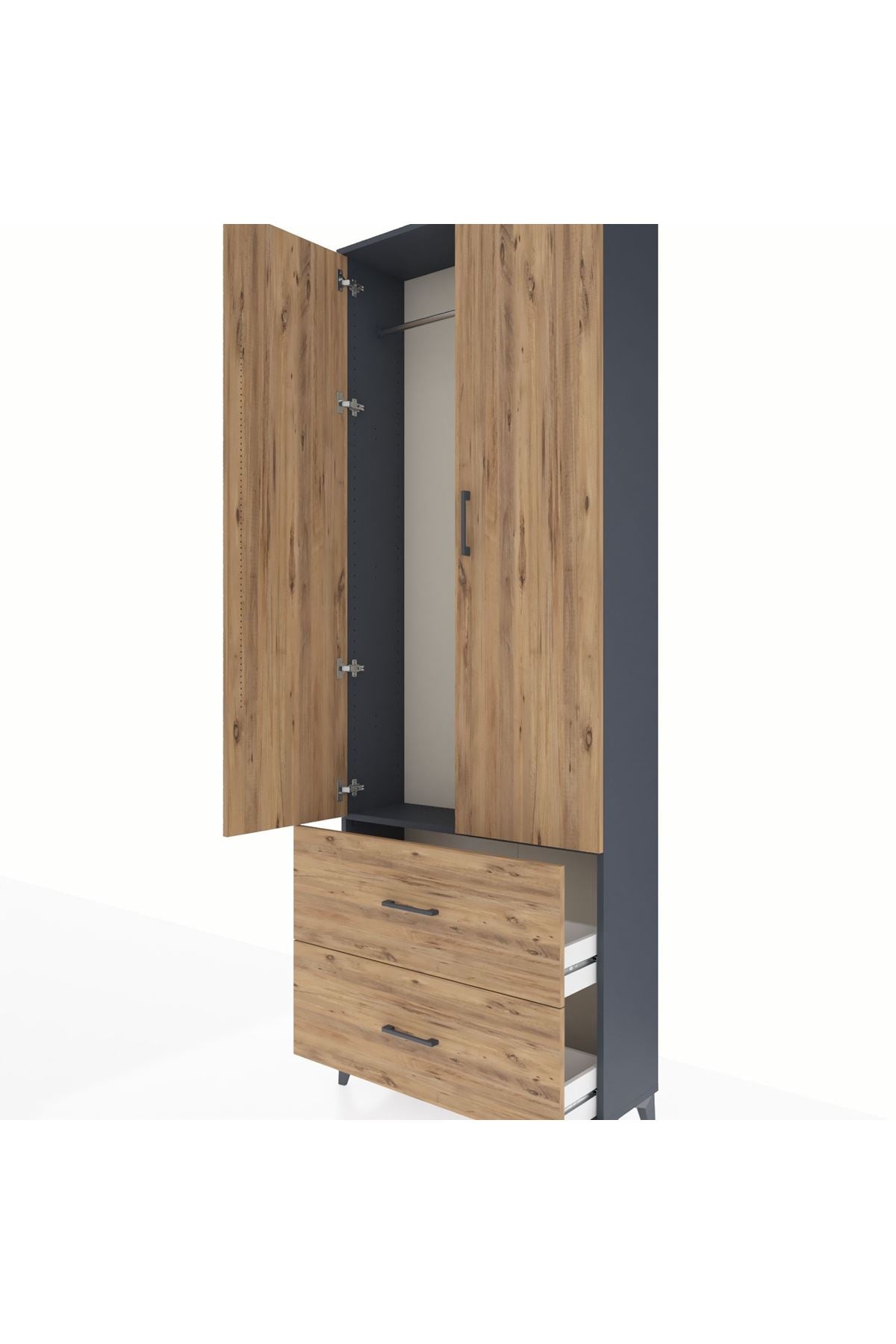 Arges Dolap Tek Raflı 2 Çekmeceli Tek Askılı 88x30x243 Antrasit-Çam