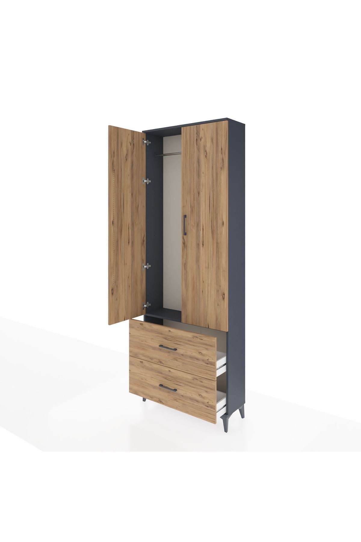 Arges Dolap Tek Raflı 2 Çekmeceli Tek Askılı 88x30x243 Antrasit-Çam