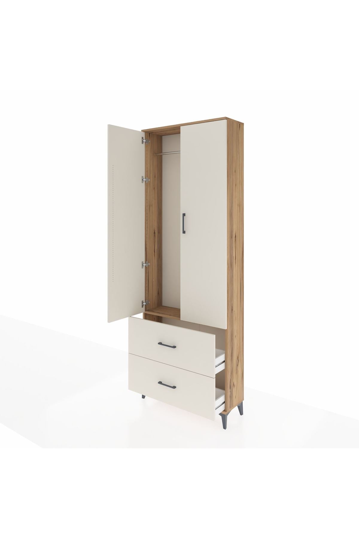 Arges Dolap Tek Raflı 2 Çekmeceli Tek Askılı 88x30x243 Çam-Aytaşı