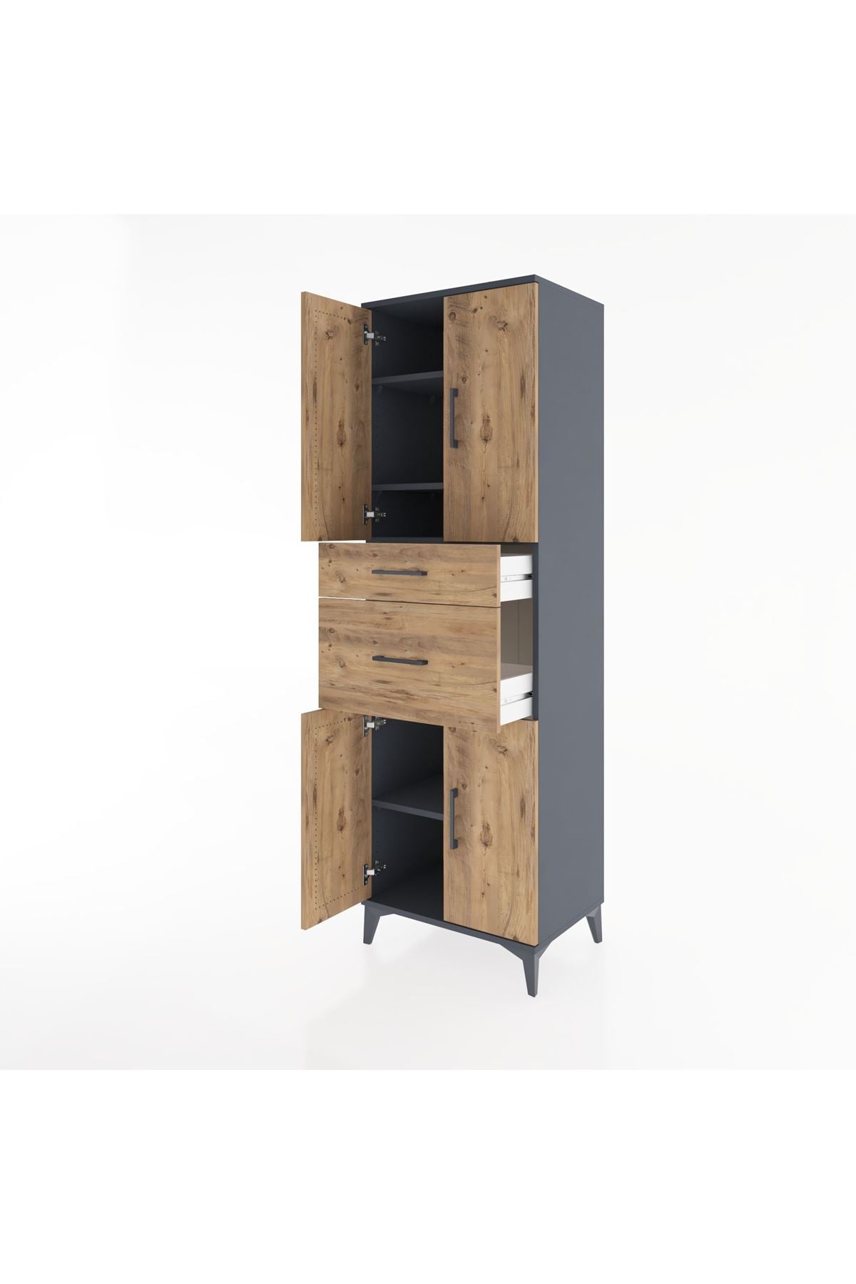 Hyperion Dolap 4 Raflı 2 Çekmeceli 4 Kapaklı 60x44x195 Antrasit-Çam