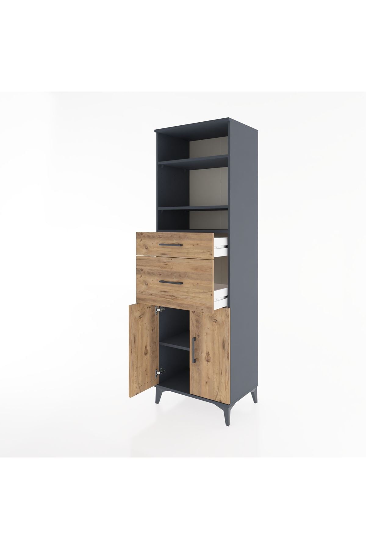 Hyperion Dolap 4 Raflı 2 Çekmeceli 2 Kapaklı 60x44x195 Antrasit-Çam