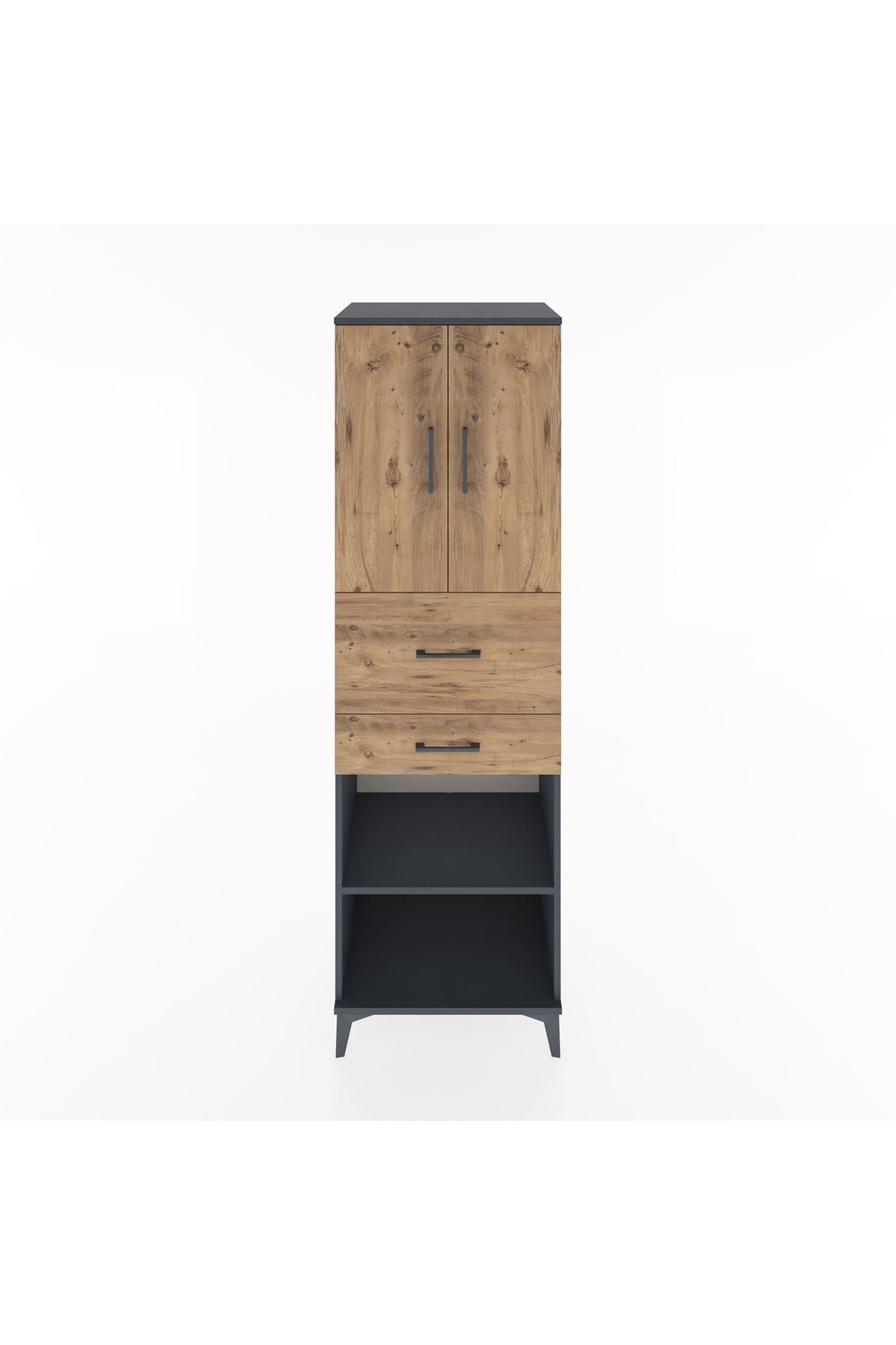 Hyperion Dolap 4 Raflı 2 Çekmeceli 2 Kapaklı 60x44x195 Antrasit-Çam