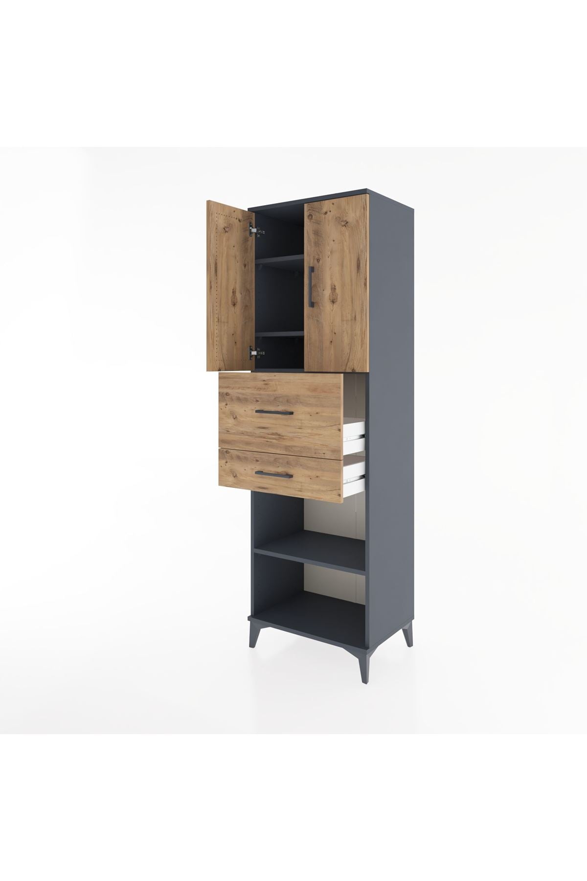 Hyperion Dolap 4 Raflı 2 Çekmeceli 2 Kapaklı 60x44x195 Antrasit-Çam
