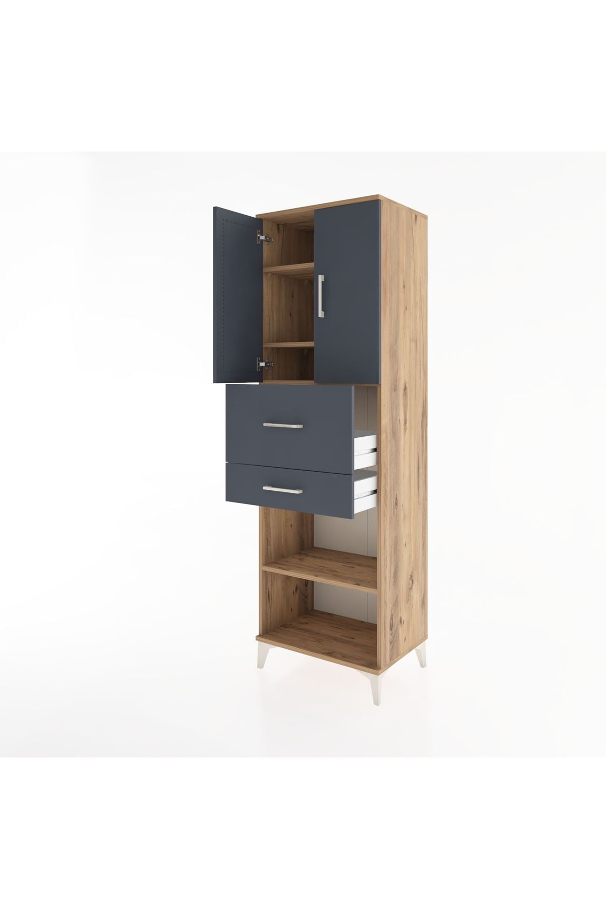 Hyperion Dolap 4 Raflı 2 Çekmeceli 2 Kapaklı 60x44x195 Çam-Antrasit