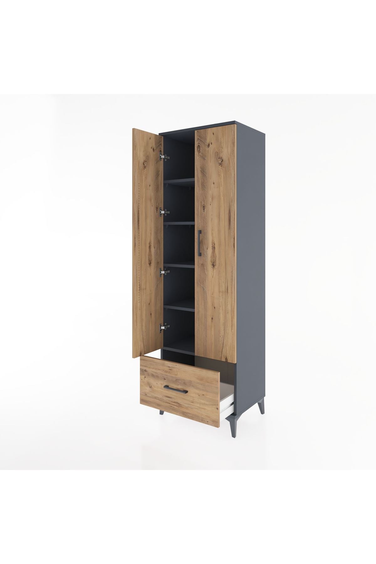 Hyperion Dolap 5 Raflı Tek Çekmeceli 2 Kapaklı 60x44x195 Antrasit-Çam