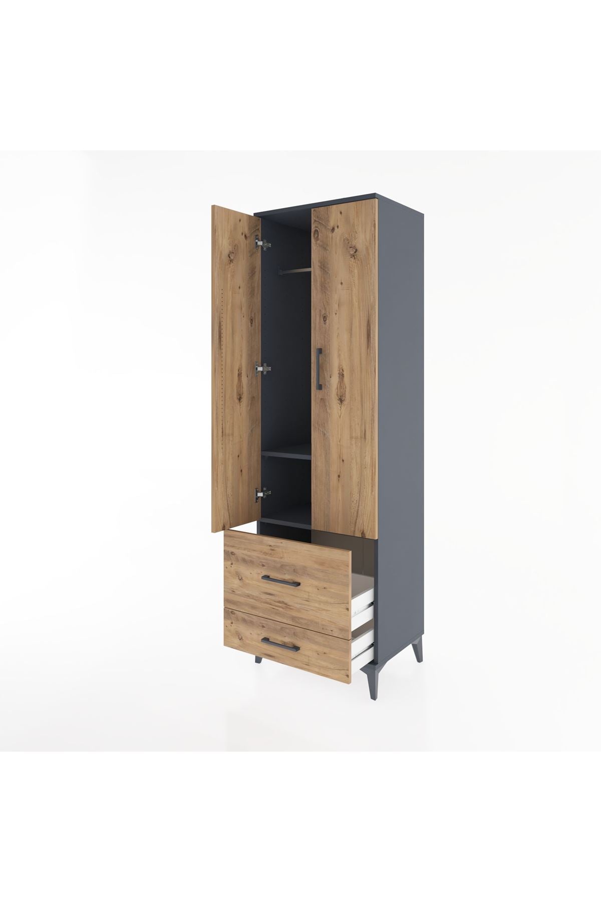 Hyperion Dolap 2 Raflı 2 Çekmeceli Tek Askılı 60x44x195 Antrasit-Çam