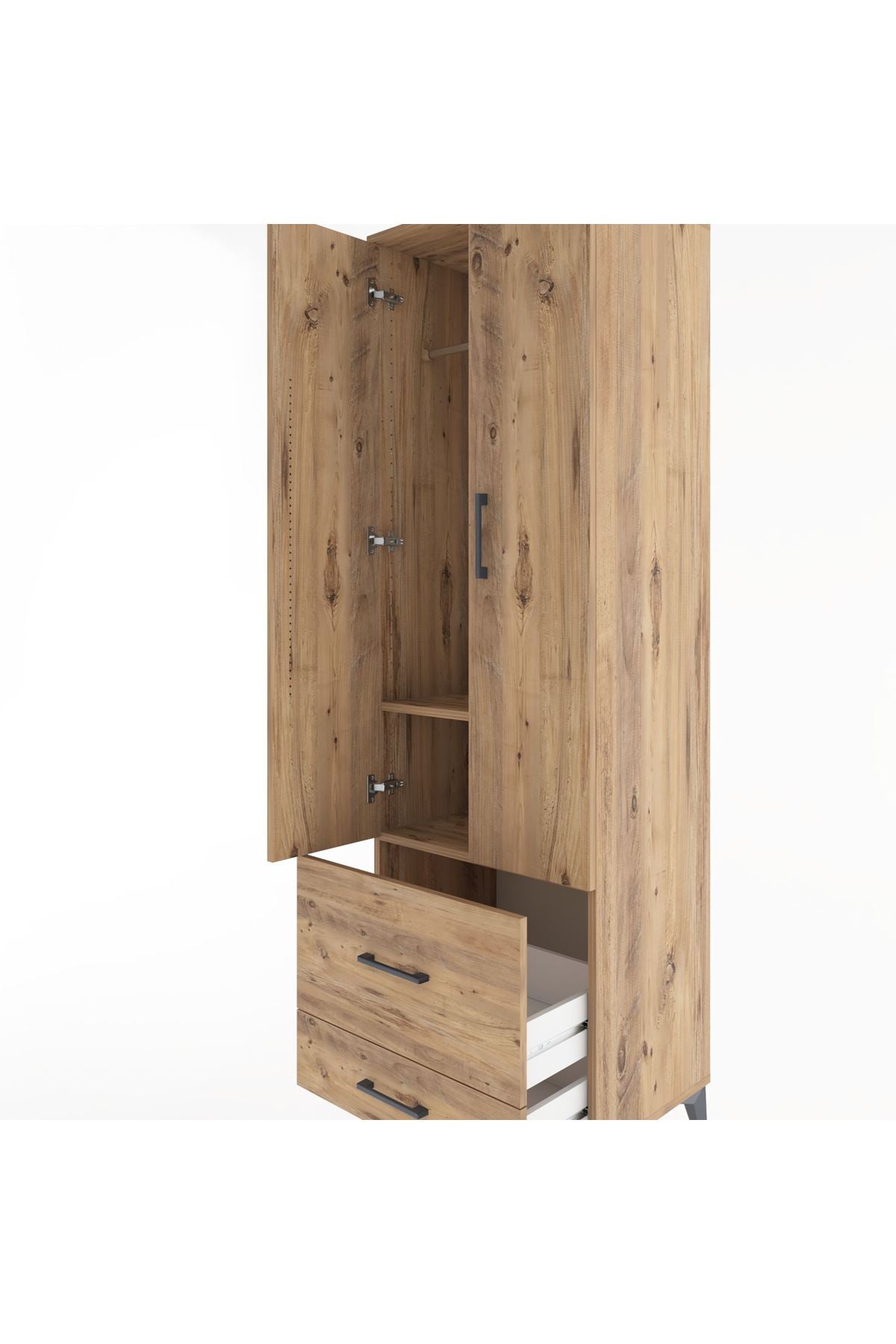 Hyperion Dolap 2 Raflı 2 Çekmeceli Tek Askılı 60x44x195 Çam-Çam