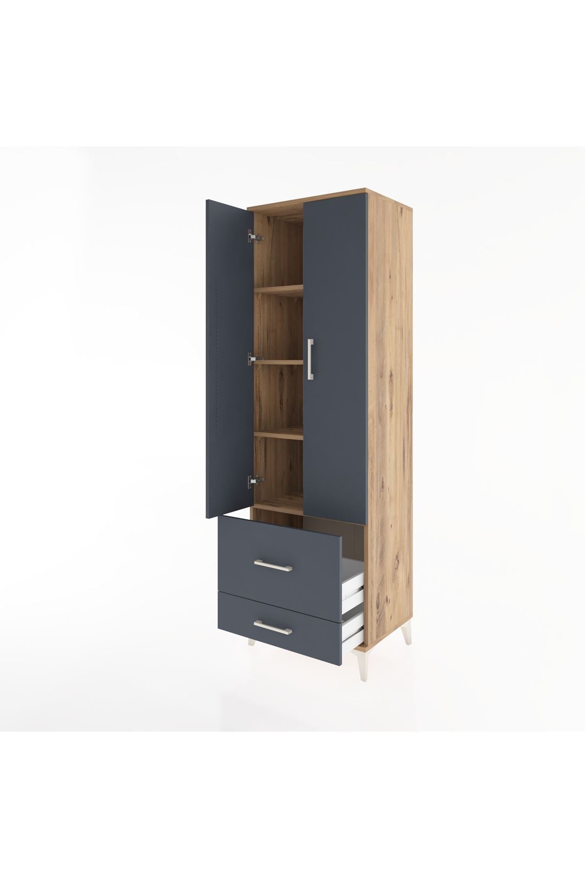 Hyperion Dolap 4 Raflı 2 Çekmeceli 2 Kapaklı 60x44x195 Çam-Antrasit