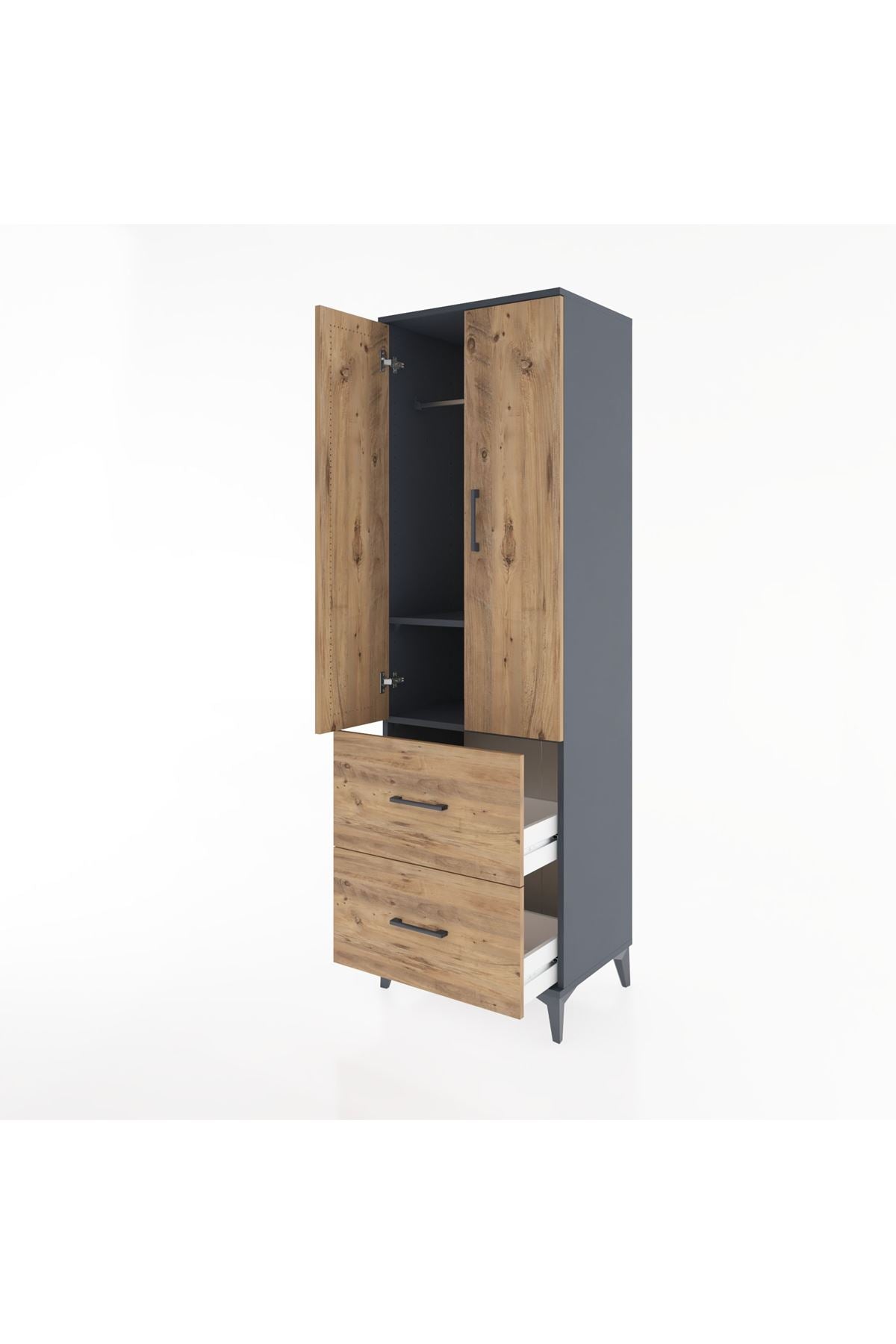 Hyperion Dolap 2 Raflı 2 Çekmeceli Tek Askılı 60x44x195 Antrasit-Çam