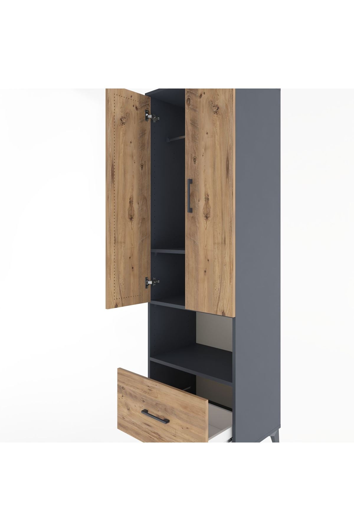 Hyperion Dolap 3 Raflı Tek Çekmeceli Tek Askılı 60x44x195 Antrasit-Çam