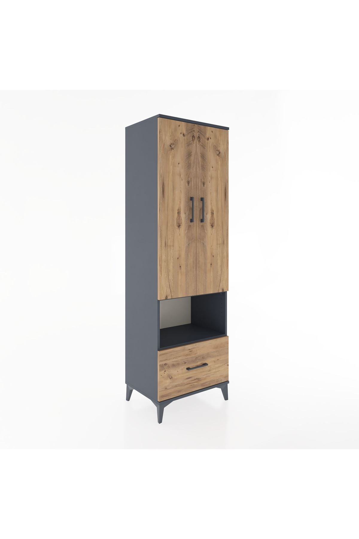 Hyperion Dolap 5 Raflı Tek Çekmeceli 2 Kapaklı 60x44x195 Antrasit-Çam