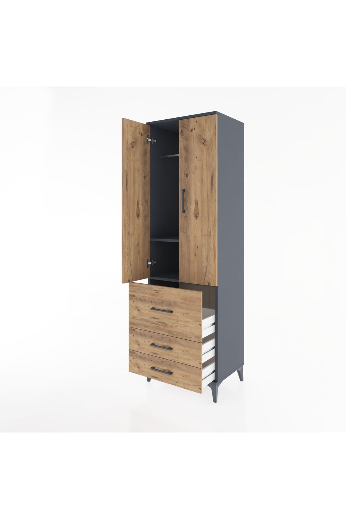 Hyperion Dolap 2 Raflı 3 Çekmeceli Tek Askılı 60x44x195 Antrasit-Çam