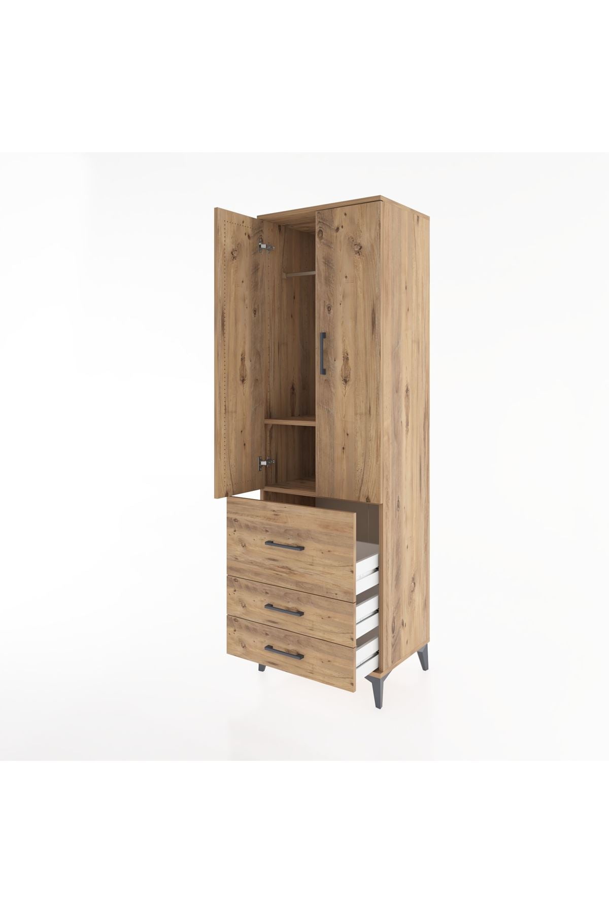 Hyperion Dolap 2 Raflı 3 Çekmeceli Tek Askılı 60x44x195 Çam-Çam