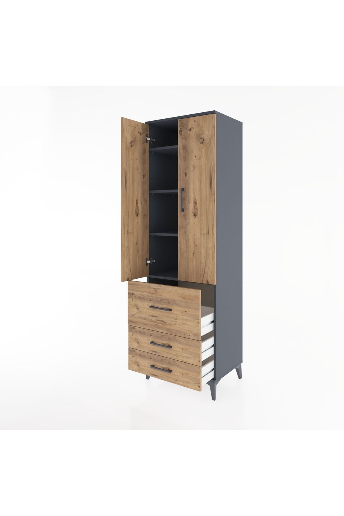 Hyperion Dolap 4 Raflı 3 Çekmeceli 2 Kapaklı 60x44x195 Antrasit-Çam