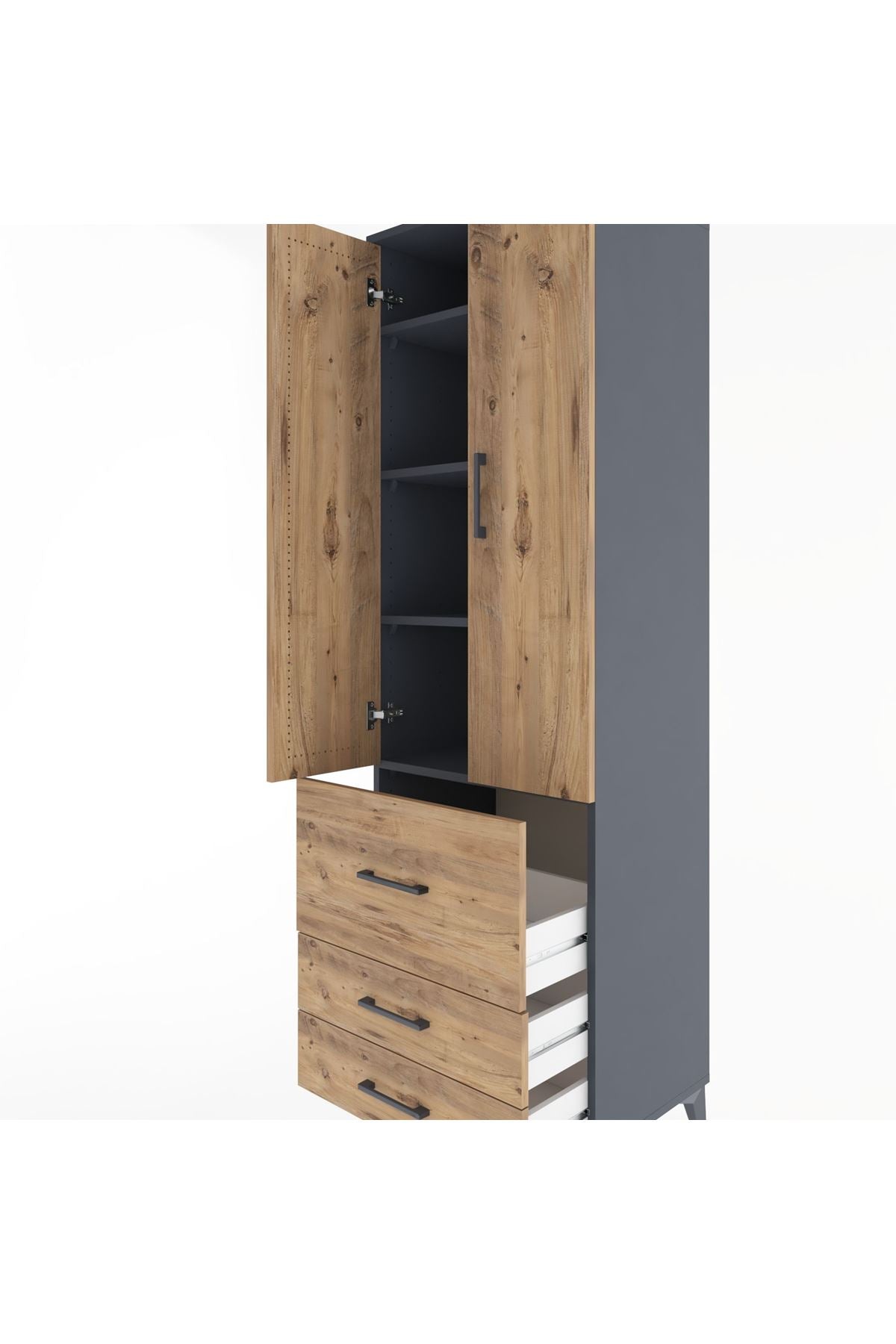 Hyperion Dolap 4 Raflı 3 Çekmeceli 2 Kapaklı 60x44x195 Antrasit-Çam