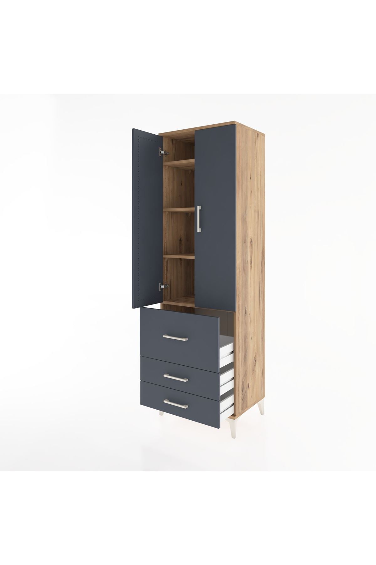 Hyperion Dolap 4 Raflı 3 Çekmeceli 2 Kapaklı 60x44x195 Çam-Antrasit