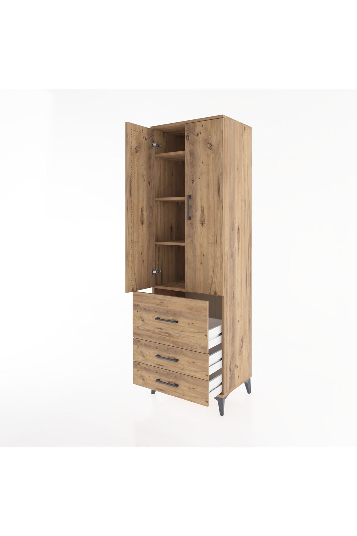 Hyperion Dolap 4 Raflı 3 Çekmeceli 2 Kapaklı 60x44x195 Çam-Çam