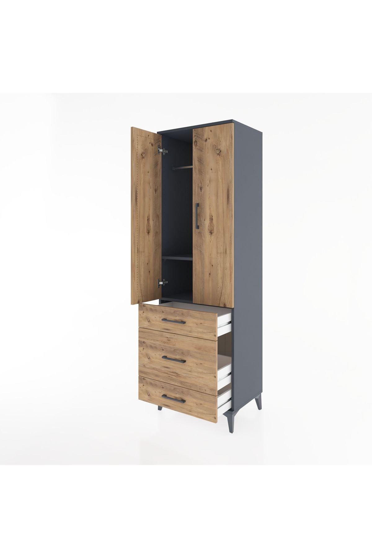 Hyperion Dolap 2 Raflı 3 Çekmeceli Tek Askılı 60x44x195 Antrasit-Çam