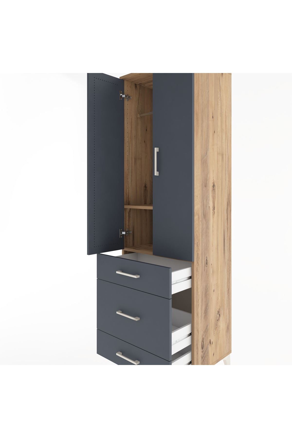 Hyperion Dolap 2 Raflı 3 Çekmeceli Tek Askılı 60x44x195 Çam-Antrasit