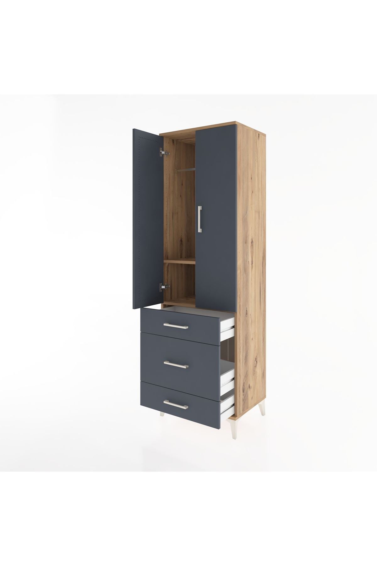 Hyperion Dolap 2 Raflı 3 Çekmeceli Tek Askılı 60x44x195 Çam-Antrasit