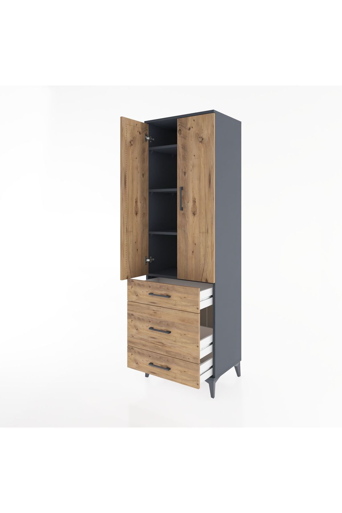 Hyperion Dolap 4 Raflı 3 Çekmeceli 2 Kapaklı 60x44x195 Antrasit-Çam