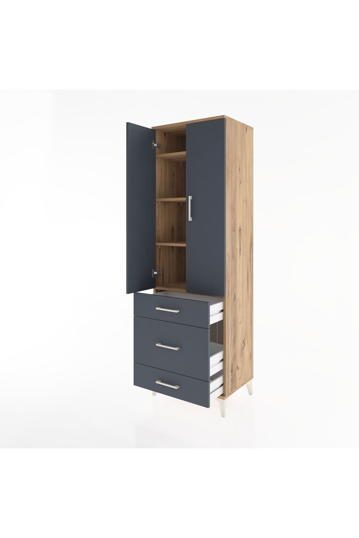 Hyperion Dolap 4 Raflı 3 Çekmeceli 2 Kapaklı 60x44x195 Çam-Antrasit