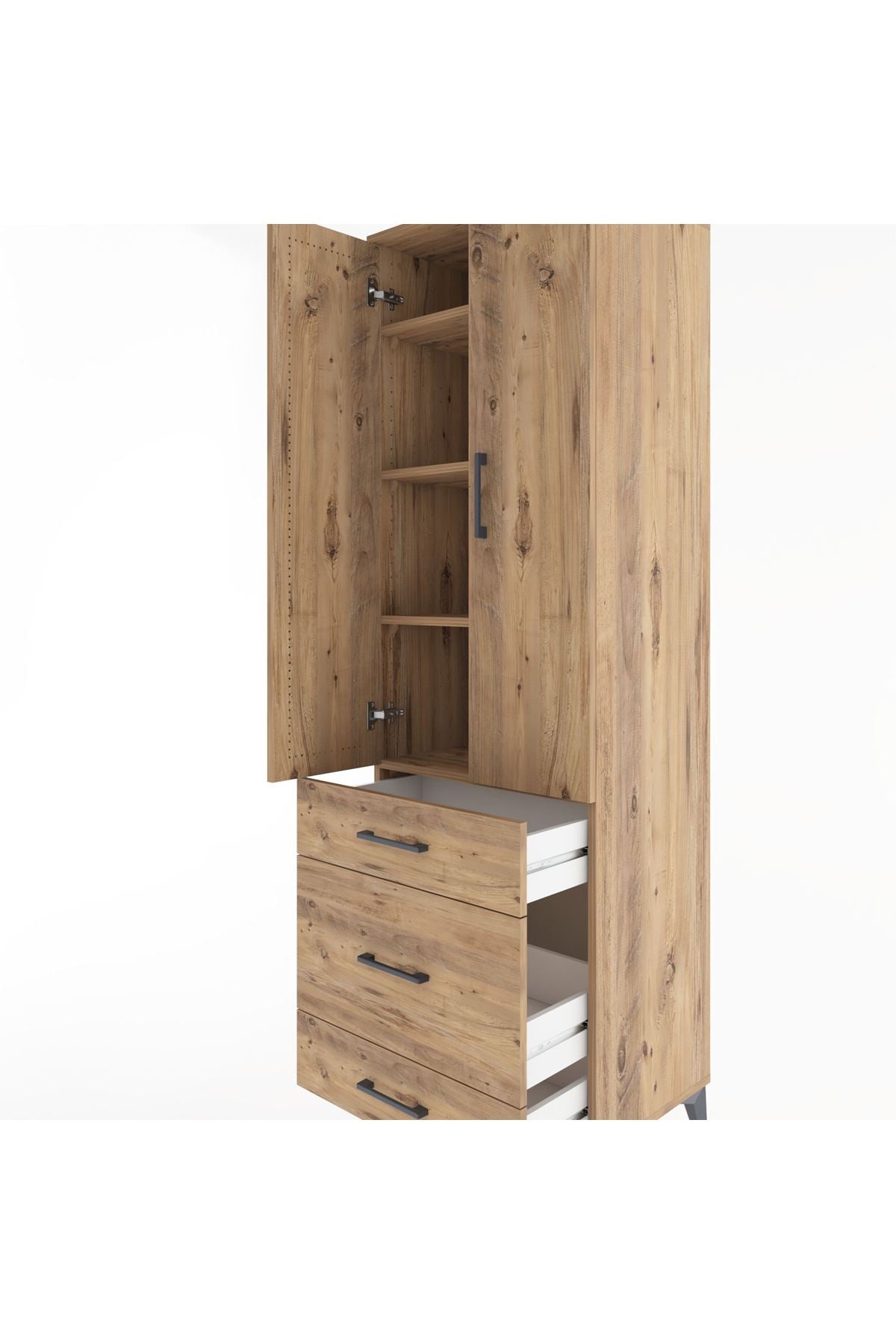 Hyperion Dolap 4 Raflı 3 Çekmeceli 2 Kapaklı 60x44x195 Çam-Çam