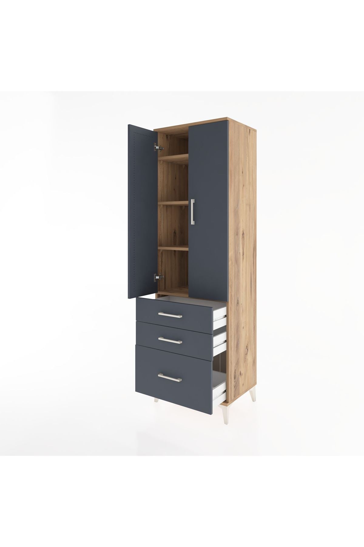 Hyperion Dolap 4 Raflı 3 Çekmeceli 2 Kapaklı 60x44x195 Çam-Antrasit