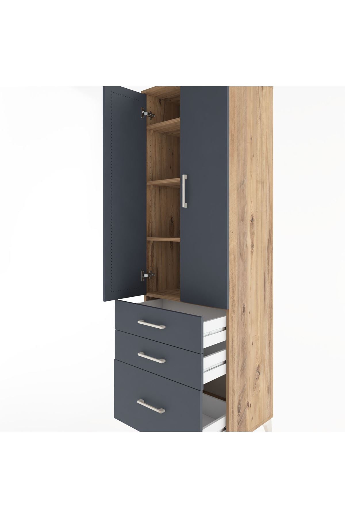 Hyperion Dolap 4 Raflı 3 Çekmeceli 2 Kapaklı 60x44x195 Çam-Antrasit