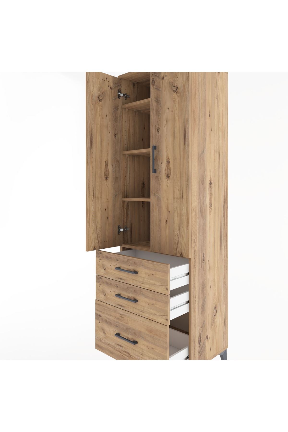 Hyperion Dolap 4 Raflı 3 Çekmeceli 2 Kapaklı 60x44x195 Çam-Çam