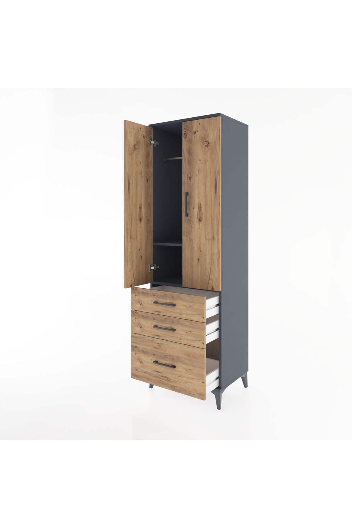 Hyperion Dolap 2 Raflı 3 Çekmeceli Tek Askılı 60x44x195 Antrasit-Çam