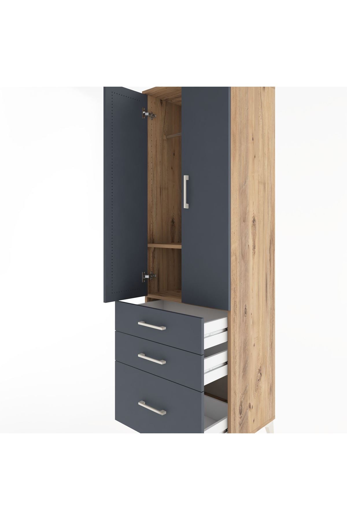 Hyperion Dolap 2 Raflı 3 Çekmeceli Tek Askılı 60x44x195 Çam-Antrasit