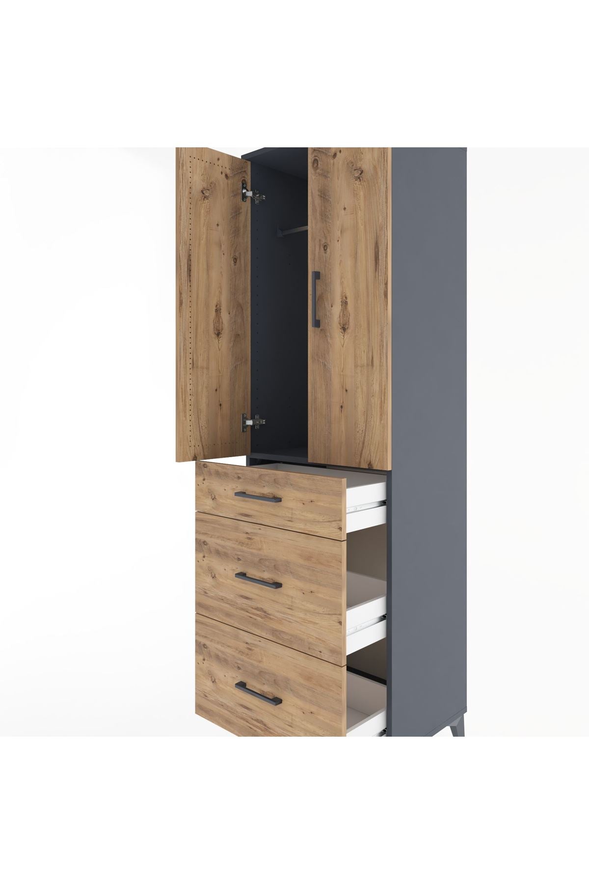 Hyperion Dolap Tek Raflı 3 Çekmeceli Tek Askılı 60x44x195 Antrasit-Çam