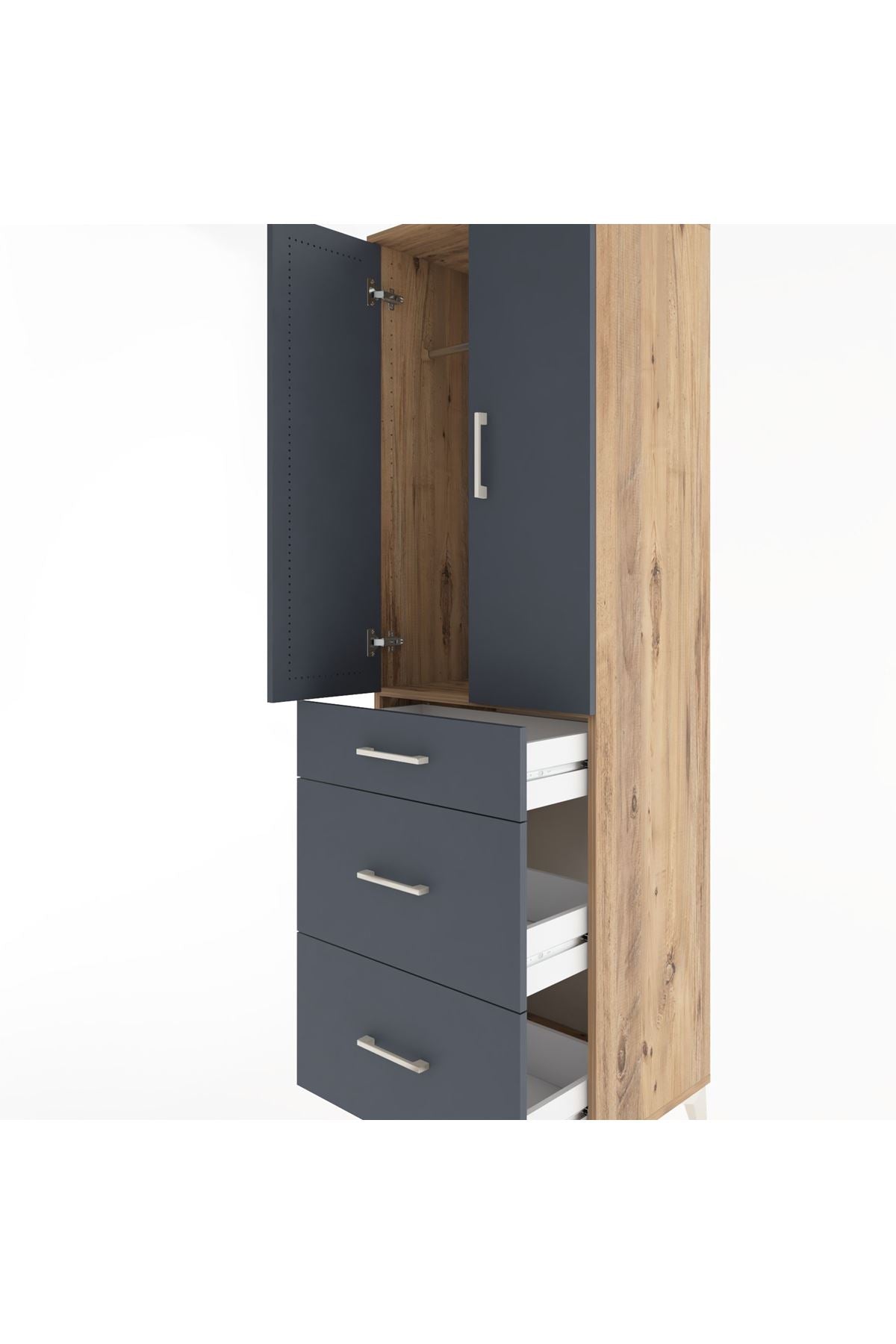 Hyperion Dolap Tek Raflı 3 Çekmeceli Tek Askılı 60x44x195 Çam-Antrasit