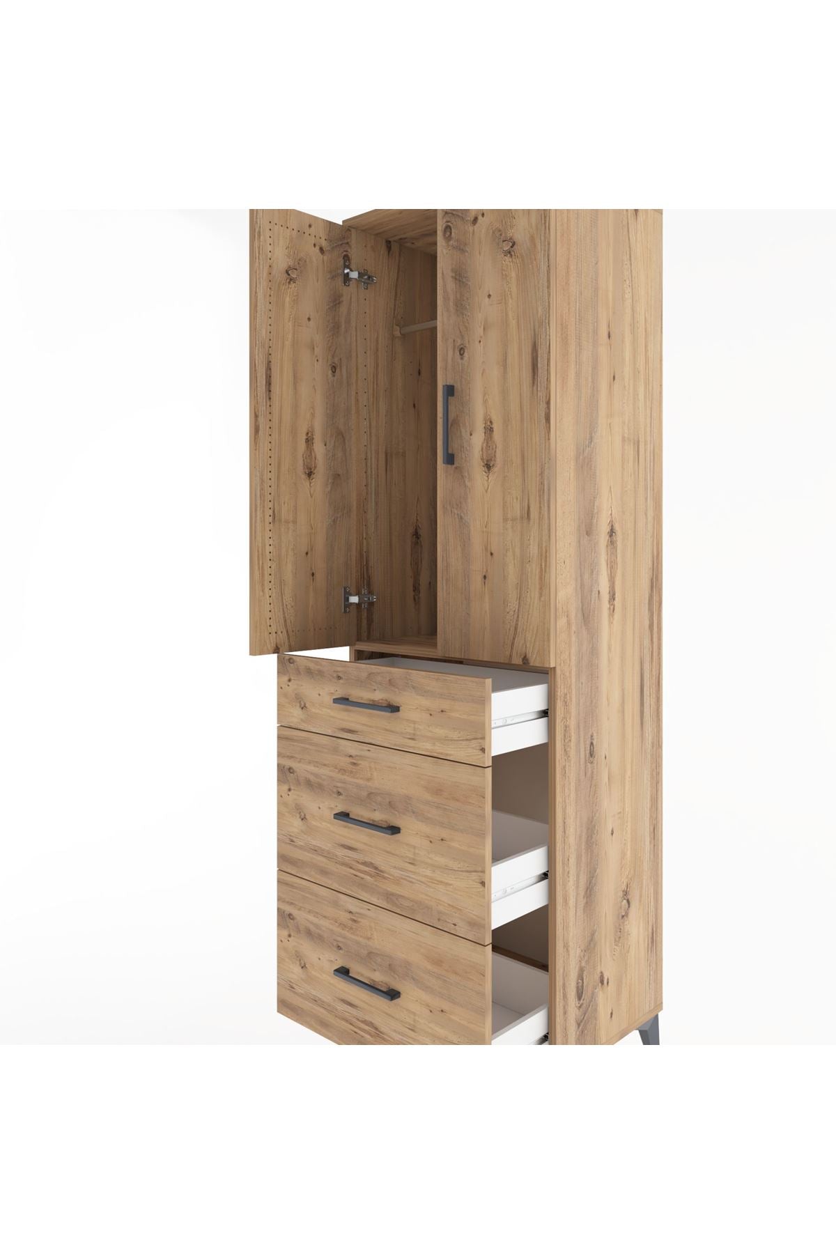 Hyperion Dolap Tek Raflı 3 Çekmeceli Tek Askılı 60x44x195 Çam-Çam